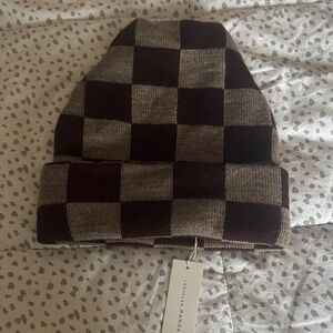 Loeffler Randall Checkered Knit Beanie in Brown and Tan
